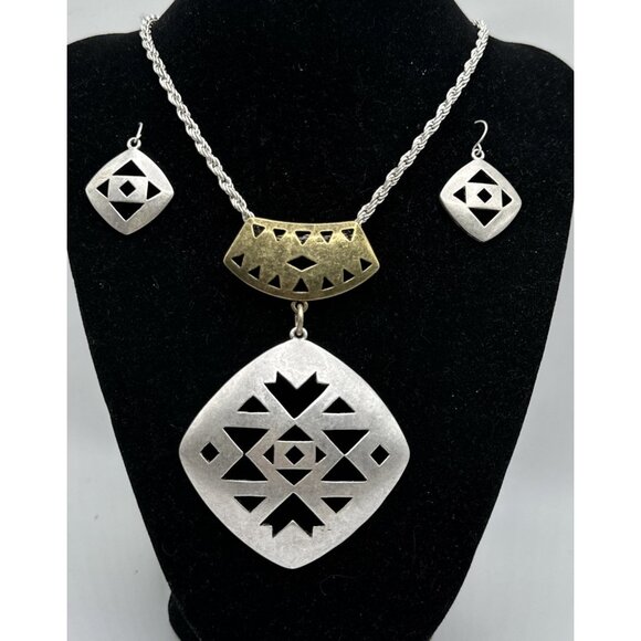 Set Necklace Earrings SilverTone Brass Tribal Geometric Cut Out Rope Chain 18”3” - Picture 1 of 14